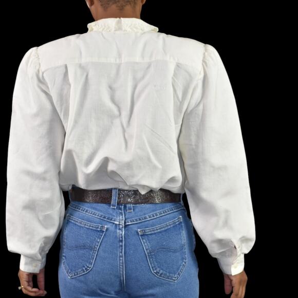 Vintage Peter Pan Collar Shirt White Shoulder Pads Gigot Embroidery Lace Large - Picture 3 of 16